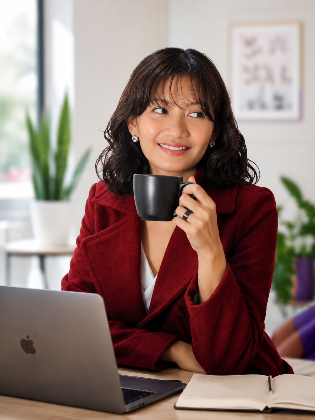 Vanessa with a coffee, thinking strategically